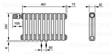 Схема (чертеж) Радиатор Zehnder Charleston 2026/10 №V007 Белый глянцевый RAL 9016